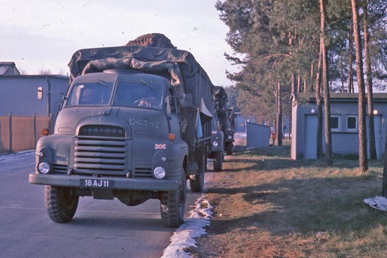 The first Harrier Force convoy out of Wildenrath, waiting for the Oi/c to be dragged from his bed by Sqn Ldr Cardy!