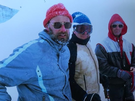 1987. With friends Dave and Ian on the very high ski resort of Cervinia, Italy,  on the border with Switzerland ❤