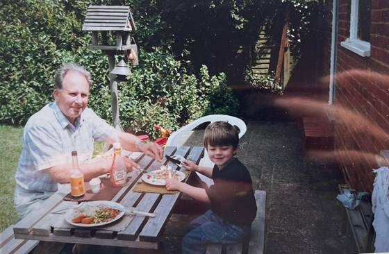 Grandad Brian and Jamie having some tea 