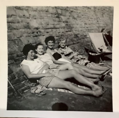 2 Sisters, 2 Aunties who were also sisters. Rosemary, Kathleen, Auntie May and Auntie Doll- (my Mum). Pendine sands, 1957