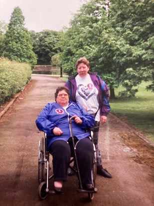 Evelyn and Barbara on a charity fundraising walk for arthritis research. 