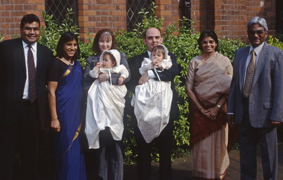 Tirumal, Latha, Tirumal's parents, Gianni, Denise at christening of Francesca & Antonia in 2000