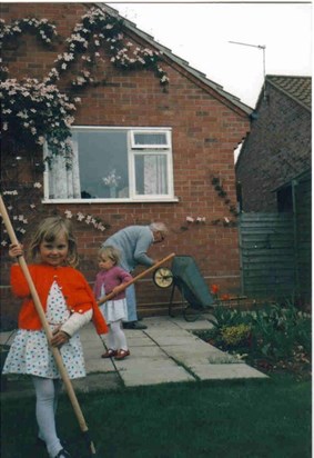 gardening with grandad Rachel(in pink) 1989