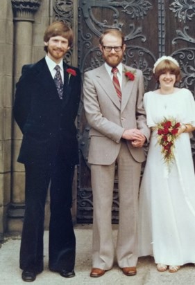 With Allan and Helen at their wedding (wearing navy velvet flares)