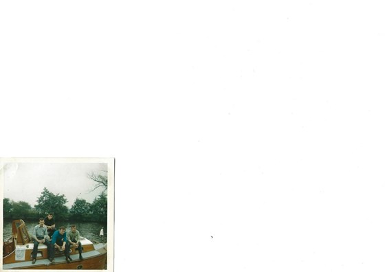 Oz, Rich, Dave and Jim on a boating holiday on the Norfolk Broads. Late 1960.