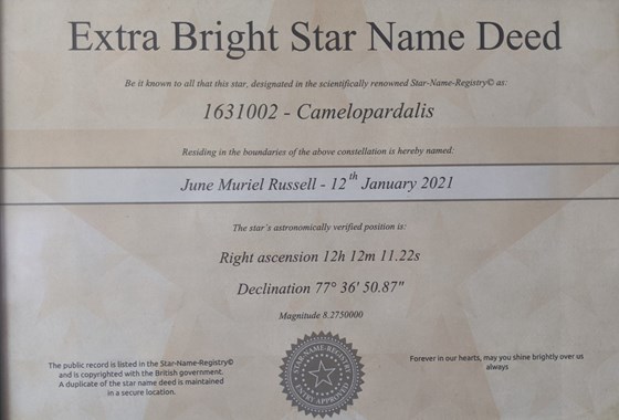 Star Certificate named for June Russell by Sadie Wells (Granddaughter)