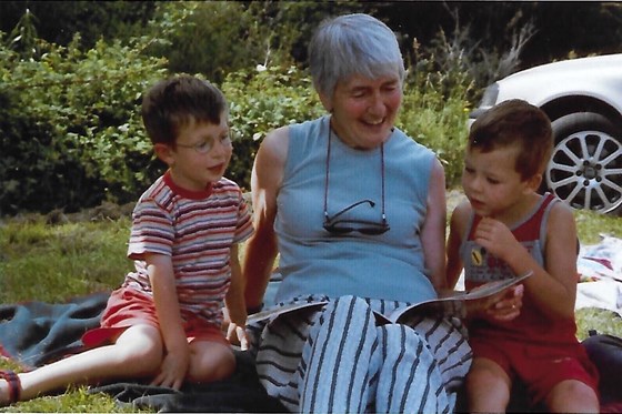 Aunty Elizabeth entertaining David (right ) and Giovanni at Branscombe. 2002. Both are now 6ft 4ins