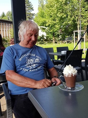 Barry like cream with his hot chocolate, Cochem, Germany