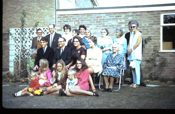 The occasion of Ruth and Lens silver wedding celebration in Colchester 1970s with extended family.