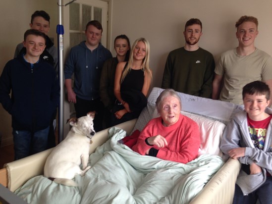 Mum with her devoted Grandchildren William, James, Tom, Sam, Danny, Mia,  Millie, Teddy and last but not least Bailey ?? Fitzgerald  