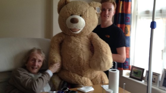 Mum with her two favourite bears. Eddie the giant bear and James nanny’s cuddly bear grandson 