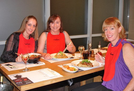 with TJ and Sue wearing the bibs they hilariously gave us at Wagamama - Dubai 2008