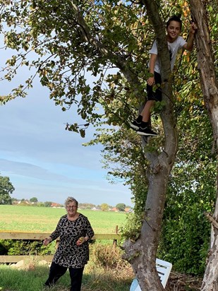 Jamie climbing the trees in their garden.