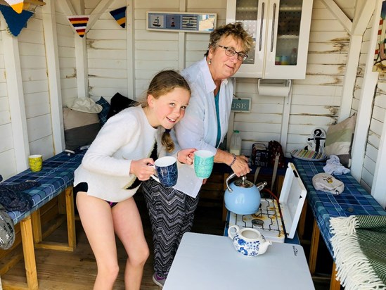 Making tea in the beach hut with Tia. xx