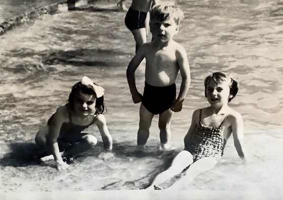Left to Right, Auntie Pam, Uncle Chris and Mum in Stoke Park Paddling pool, approx 1951