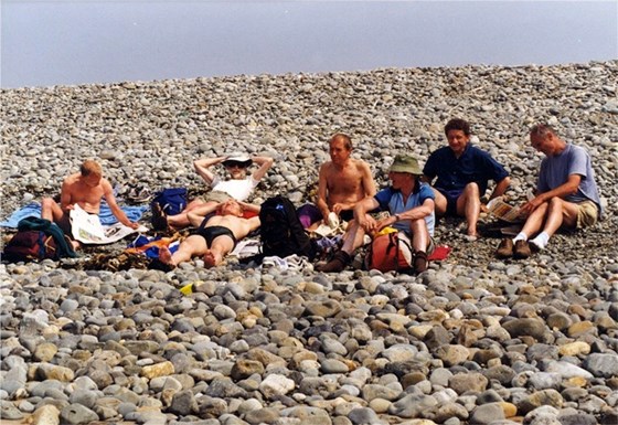 3. Geo with Jay, Roy, Derek, Eggy, JohnD, DaveQ, Fairbourne Beach, Wales, August 1999