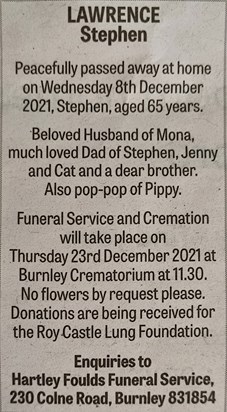 Funeral Notice - Burnley Express (17/12/21)
