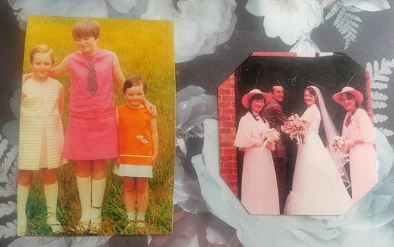 Left photo: The three sisters as girls (left to right) Lesley, Kerry, Alison. Right photo: Kerry's Wedding Day (left to right) Alison, Larry, Kerry, Lesley.