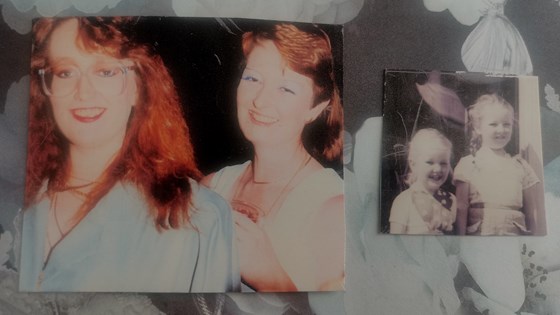 Left photo: (from left) Lesley and Kerry. Right photo (from left) Lesley and Kerry as children (big time trouble-makers)
