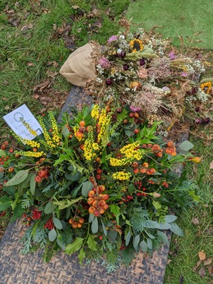 Flowers -  Below: Using crab apples and flowers from Si's Auntie Sue's garden. Upper: By Claire if Flora and Fauna (local sustainable florists).  