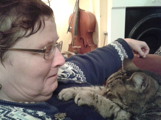 Leonie with one of Nigel's cats, Christmas 2014