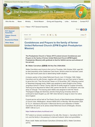 The Presbyterian Church in Taiwan Condolences