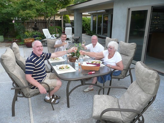 Lynn with Neil & Brian visiting with Dan & Alan on their patio in Visalia, California USA. 