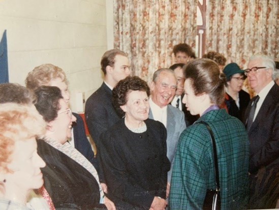 Meeting Princess Anne at the opening of the church hall . Freda , Pearl and Tom . 