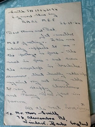 A letter from Tom to his Mum and Dad from Egypt October 1944