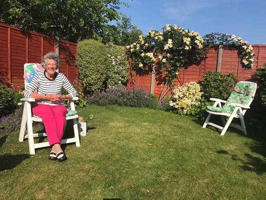 Her 92nd birthday, sat in her beautiful garden.