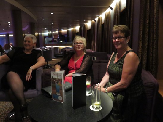 Another hard evening on the 2016 Gold cruise. Ann pictured with Linda and Janet.