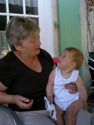 Mum with Olive 2008, outside their house in Varaignes