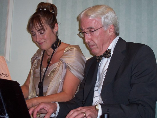 Bob helping me (Viv) with the Tritsch Trasch Polka at my Wedding in Kent, 2005.