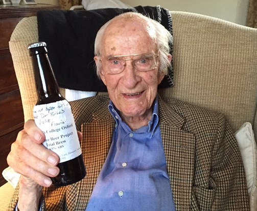 Bill in winter 2018 with his special Frankland Brew from his Oxford College. 