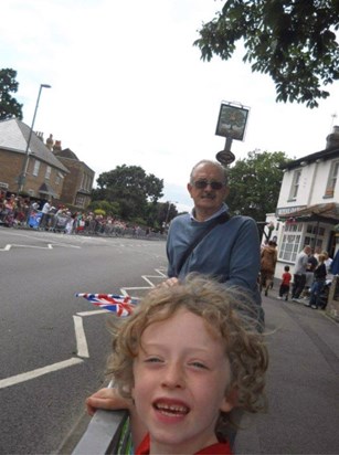 Dad and Louis outside St Peter's Church waiting for the Olympic Time Trialists to cycle past. 