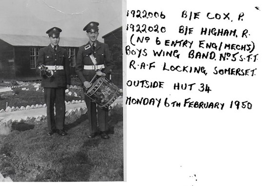 B/E 'Boy entrant' Cox and Ron Higham, in the boys band at RAF Locking Somerset 1950