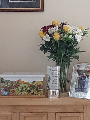 Dad here are some of the flowers in your personalised vase i buy you flowers every Friday because over the last 7 years you loved your garden and planting out plants so it looked lovely xxxxxx