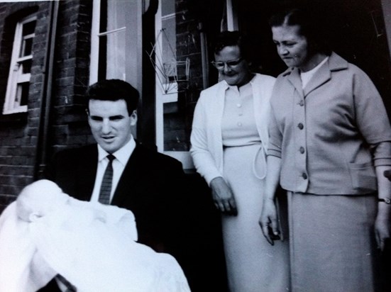 1966 - Vera Rose Fowler (centre) as one of the Godmothers to Richard Charles Harvey. Taken in Godalming. The Godfather is Keith Butler and the other Godmother was Vera Creer.
