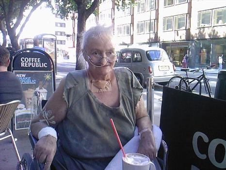 July 2008- 3 weeks after getting out of ICU - on Tottenham Court Road having a cuppa