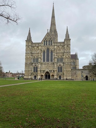 View from bench of the Great West Front  of Salisbury Cathedral 