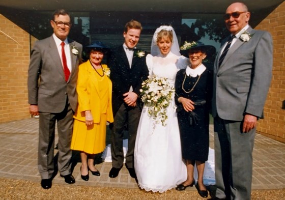 Anne, Eddie with Tony, Catherine, Yvette and Clifford, 5th May 1990