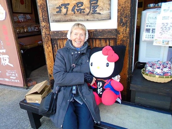 With Anne's new Japanese cuddly friend, Kyoto, Japan. March 2019