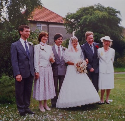 With family at Daniel's wedding. Max, Debbie, Daniel, Julie, Anne and Eddie. June 1990.