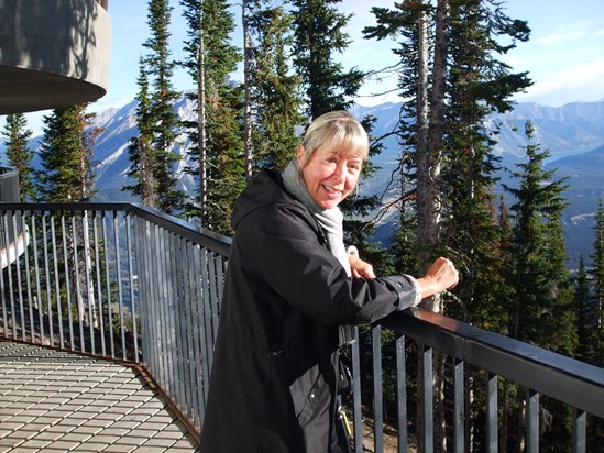 Anne in reflective mood at top of Sulphur Mountain, Banff, Canada. September 2009.