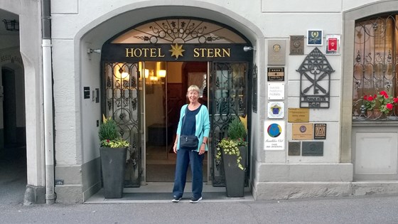 Anne outside Hotel Stern, Chur, Switzerland, June 2016.