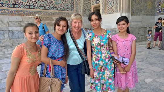 Anne with Uzbek children in Samarkand, Uzbekistan, May 2017.