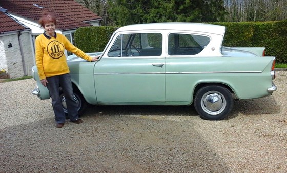 Ros with her treasured Annie the Ford Anglia