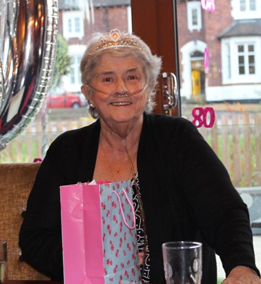 Our beautiful smiling mum at her 80th birthday party.