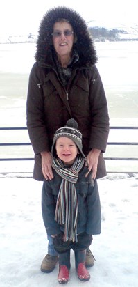 Jennifer and first grandson Jack at a freezing Hollingworth Lake 