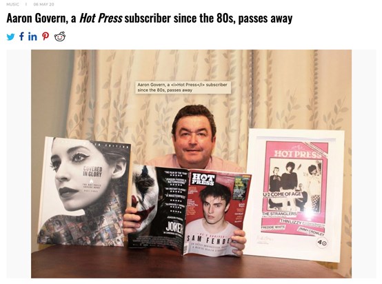 Aaron Govern, a Hot Press subscriber since the 80s, passes away